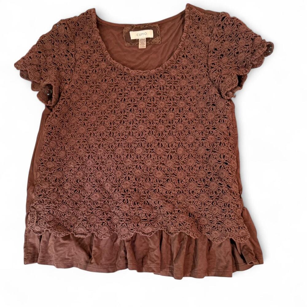 Women’s Brown Crochet Top Ruffle Hem Boho